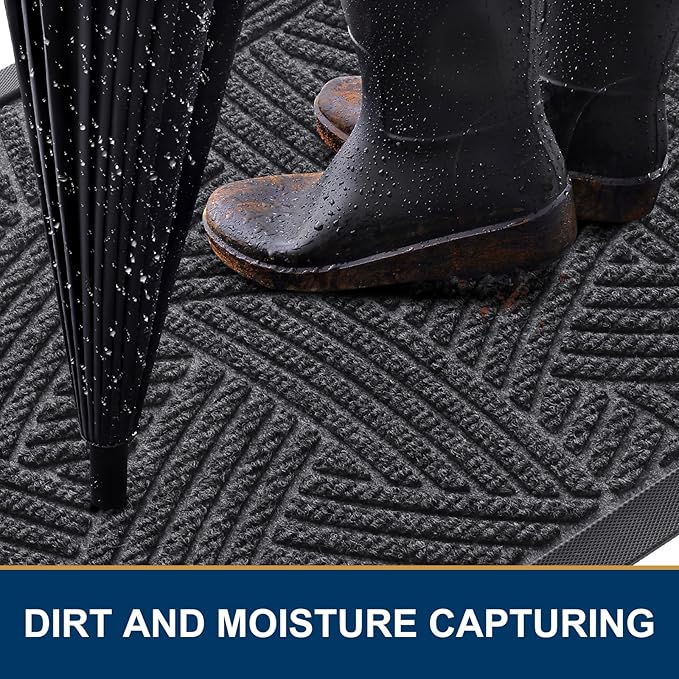 Smiry Front Door Mat Outside Entrance, Heavy Duty Sturdy Natural Rubber Doormat, Trap Dirt and Moisture, Easy Clean Low Profile Mats for Indoor Outdoor Entry, Interwoven Stripes (29.5x17, Grey)