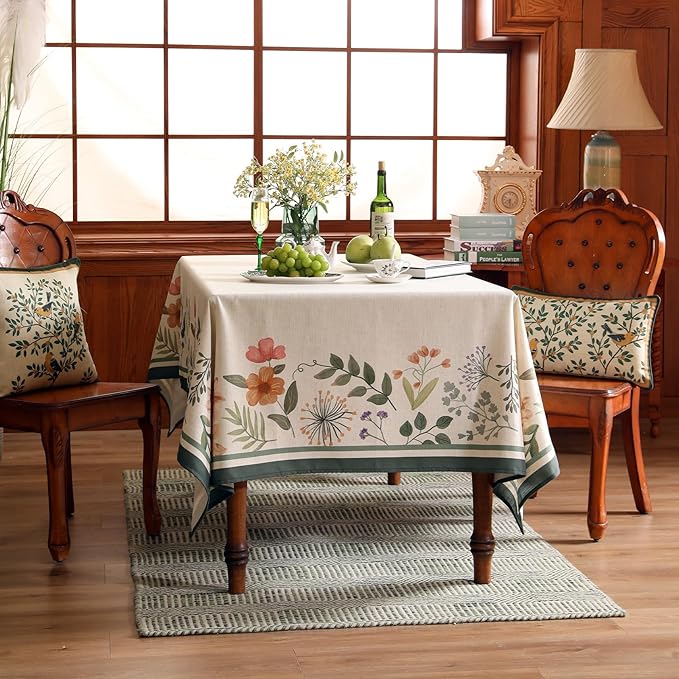 Beige Linen Small Square Tablecloth,Vintage French Shabby Chic Floral Wrinkle Free Table Cloth,Decor Table Cover for Kitchen,Dining,Party,Home,Christmas,Thanksgiving,55"*55"-Manolya