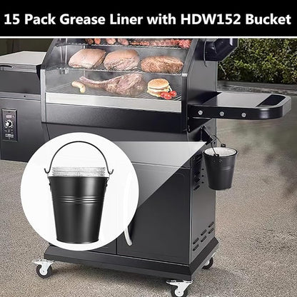 HDW152 Grease Bucket with 15 Pack BAC407 Grease Bucket Liner for Traeger Grills,Drip Liner Drip Pan for Traeger Pro Series 575/780, 20/22/34, Ironwood 650/885 Grills,Pit Boss Pellet Grill Smoker