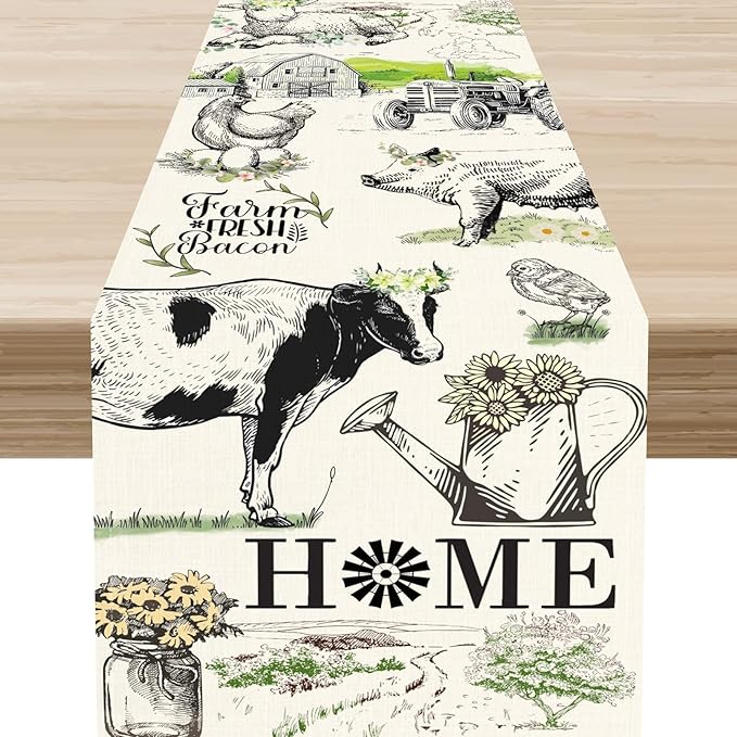 Farmhouse Cow Table Runner, Rustic Rooster Chicken Pig Floral Leaves Animals Spring Coffee Table Center Decor for Family Kitchen Dining and Outdoor Country Holiday Party Table Decorations, 13"x72"