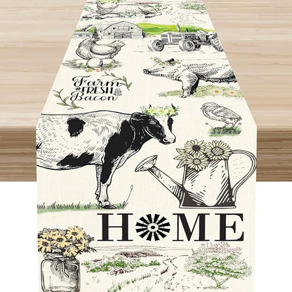 Farmhouse Cow Table Runner, Rustic Rooster Chicken Pig Floral Leaves Animals Spring Coffee Table Center Decor for Family Kitchen Dining and Outdoor Country Holiday Party Table Decorations, 13"x72"
