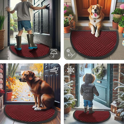 Smiry Half Circle Front Door Mat Outside Entrance,Heavy Duty Outdoor Indoor Natural Rubber Doormat,Non Slip,Trap Dirt and Moisture,Easy Clean,Low Profile Patio Porch Entryway Mat,29.5x17, Wine Red