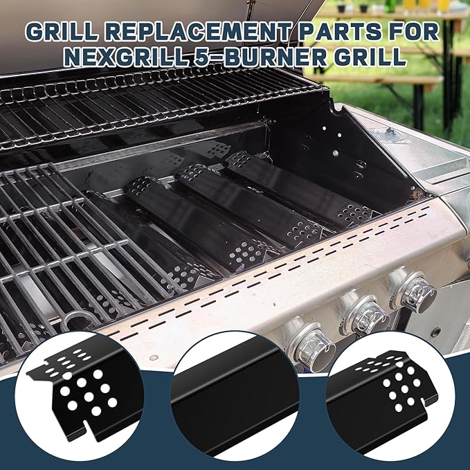 Grill Parts for Nexgrill replacement parts 5 Burner 720-0888 720-0888N 720-0888A,Cast Iron Cooking Grate,Heat Shield,Burner Kit for Nexgrill replacement parts 4 Burner 720-0830 720-0830H Grill Grates