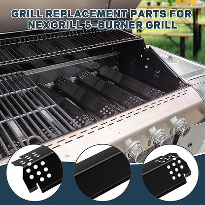 Grill Parts for Nexgrill replacement parts 5 Burner 720-0888 720-0888N 720-0888A,Cast Iron Cooking Grate,Heat Shield,Burner Kit for Nexgrill replacement parts 4 Burner 720-0830 720-0830H Grill Grates
