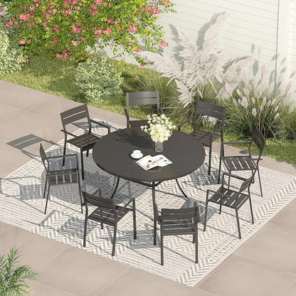 VICLLAX 53" Outdoor Round Patio Table for Lawn Garden, All Weather Metal Round Patio Dining Table with Adjustable Umbrella Hole, Patio Table for 8 Person, Black Tabletop