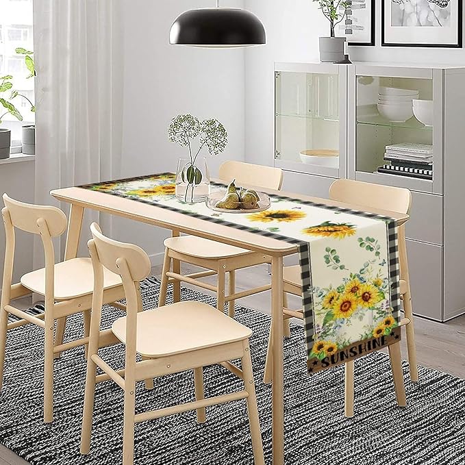 Sunflower Table Runner, Buffalo Floral Seasons Spring Summer Fall Table Runner for Kitchen Dining Farmhouse Home Party Outdoor 13x60in