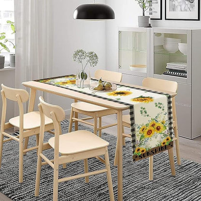 Sunflower Table Runner, Buffalo Floral Seasons Spring Summer Fall Table Runner for Kitchen Dining Farmhouse Home Party Outdoor 13x60in