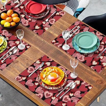 Valentines Day Love Hearts Placemats Set of 4 Valentine Red Black Heart Linen Table Mats Spring Wedding Anniversary Washable Place Mats for Outdoor Home Party Kitchen Dining 12x18 Inch