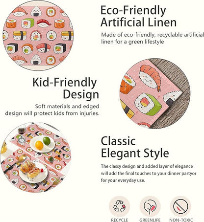 Japanese Style Cute Pink Sushi Rolls Placemats Set of 6,Waterproof Non-Slip Washable Table Mats Set for Kitchen Dining Holiday Party Wedding Decor 12x18 Inch