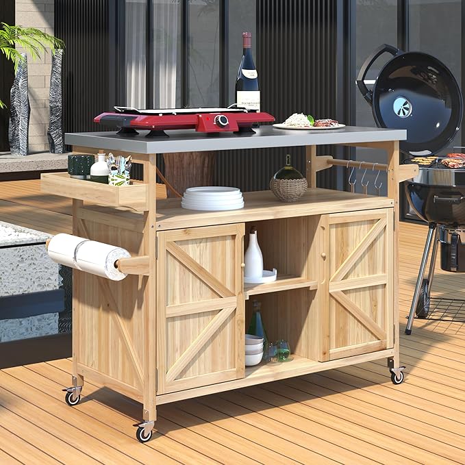 50.25" W Grill Cart with Stainless Steel Tabletop - Outdoor Storage Cabinet for BBQ, Bar Patio Kitchen Island with Ample Storage and Lockable Wheels