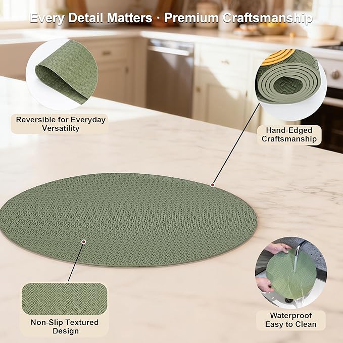 Round Faux Leather Placemats Set of 4 – 13 Inch Vinyl Table Mats, Heat Resistant, Non Slip, Wipeable & Washable, Easy to Clean Dining Table Decor for Kitchen & Dining Room（Olive Green）