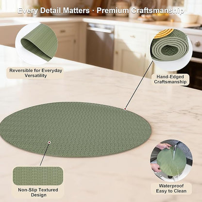 Round Faux Leather Placemats Set of 4 – 13 Inch Vinyl Table Mats, Heat Resistant, Non Slip, Wipeable & Washable, Easy to Clean Dining Table Decor for Kitchen & Dining Room（Olive Green）