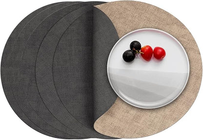 Myir JUN Round Placemats Dual Sided, Faux Leather Place Mats Set of 6 Indoor Placemat for Dining Table Outdoor Place Mat Non-Slip Washable Table Mats (Gray Beige, Set of 6)