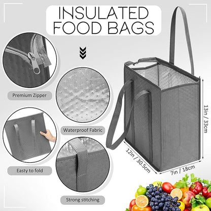 10 Pack Large Insulated Grocery Bags Reusable Shopping Bags with Zippered Top 13 x 12 x 7 Inch Thermal Cooler Totes Bulk with Handles for Hot Cold Food Delivery Refrigerator(Grey,Black)