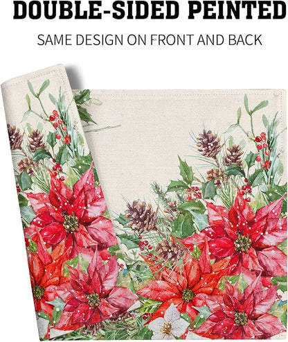 Giwawa Poinsettia Placemats Set of 4, 12x18 Inch Watercolor Christmas Red Floral Linen Table Mats for Kitchen Dining, Winter Holly Berry Pine Cones Washable Heat Resistance for Party Holiday Decor