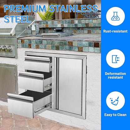 Outdoor Kitchen Drawer Combo, Stainless Steel Triple Drawers with Access Door, 28" W x 22" H x 19.5" D Outdoor Kitchen Cabinet for BBQ Island Grill Stations