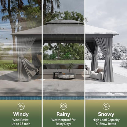 12'x10' Gazebo with Light, Outdoor Gazebo with Double Roofs | Metal Frame Canopy - Image 6