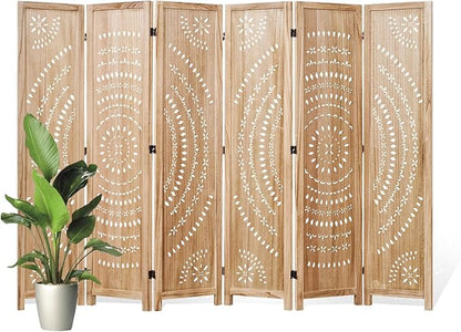 66.9Inch Folding Room Divider, 6 Panels Wood Carved Privacy Screens, Free Assembled Freestanding Partition for Home Office Restaurant Bedroom (Natural)