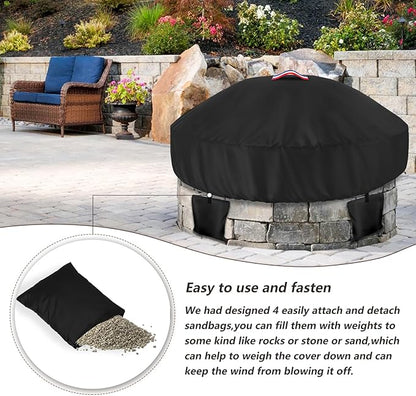 Outdoor Round Built in Stone Fire Pit Cover,Heavy Duty 600D Waterproof Cover for 50In-57In Fire Pit with Spark Screen,All-Weather Protection Round Fire Pit Cover for In Ground Brick Fire Pit,Black