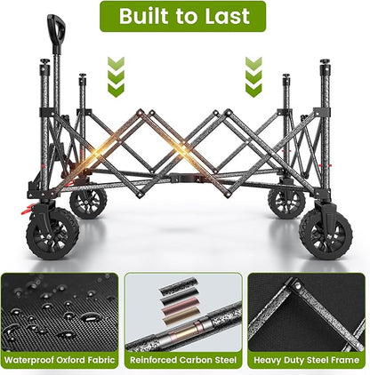 Folding Wagon Cart with Wheels, 180L 330LBS Heavy Duty Utility Wagon, Beach Wagon with All-Terrain Wheels, Portable Grocery Wagons for Camping, Shopping, Garden, Sports, Black