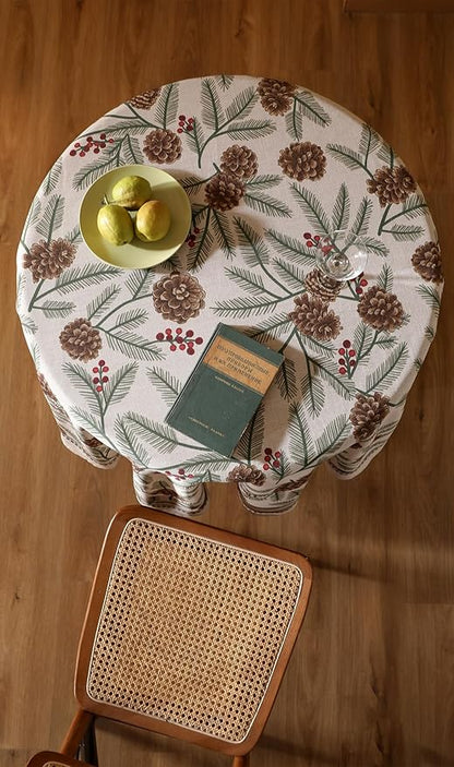 ISAENNE Designer Christmas Beige Linen Round Tablecloth,Pinecones Pattern Indoor Tablecloths,Washable Decor Table Cloth for Dining Thanksgiving Kitchen Christmas,Diameter 67"-Carol B