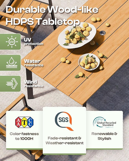 Patio Table and Chairs Set, 5 Piece Outdoor Dining Set with Umbrella Hole, HDPS + Aluminum Patio Furniture Set for Garden (Gray & Teak)