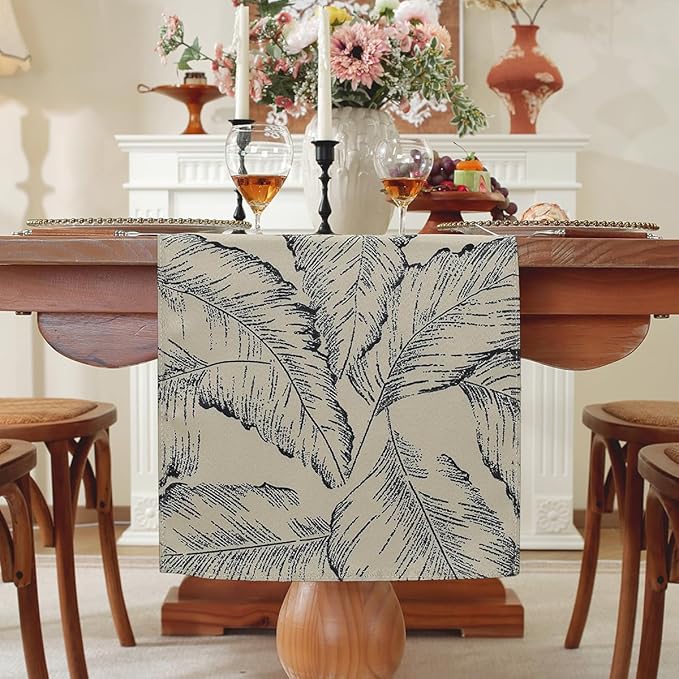 Double-Sided Table Runner - Reversible Oil Painting & Banana Leaf Design, Waterproof Linen Cotton for Dining Table Decor, Holiday Home Decoration（Green）