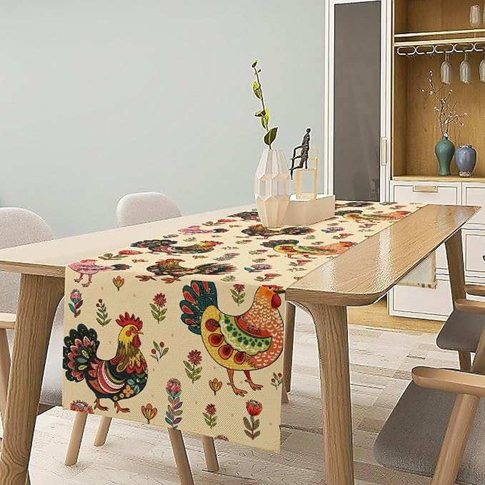 Rustic Farm Animal Table Runner, Vintage Rooster Boho Flowers Table Runner for Kitchen Dining Holiday Home Party 13x70in