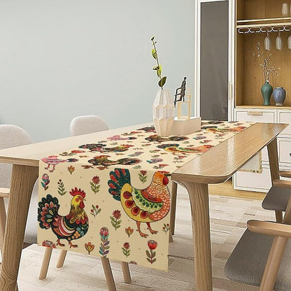 Rustic Farm Animal Table Runner, Vintage Rooster Boho Flowers Table Runner for Kitchen Dining Holiday Home Party 13x90in