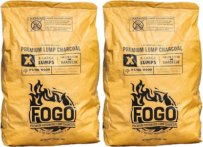 FOGO Super Premium Hardwood Lump Charcoal, Natural, Large Sized Lump Charcoal for Grilling and Smoking, Restaurant Quality, 17.6 Pound Bag, 2-Pack