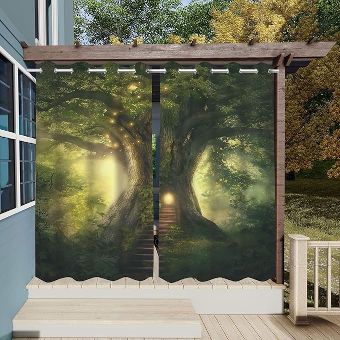 Fantasy Theme Outdoor Curtains for Patio Waterproof,Forest Pattern,Light Filtering Curtains Outside Curtains for Porch, Gazebo, Pergola, Backyard,Set of 2 Panels,54 x 108 inch,Green