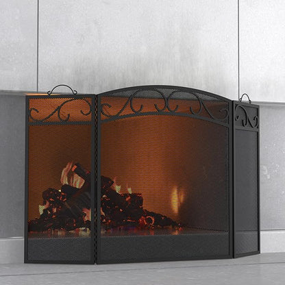 Fire Beauty Fireplace Screen 3 Panel with Handles Wrought Iron 51"(L) x31(H) Spark Guard Cover(Sanded Black)