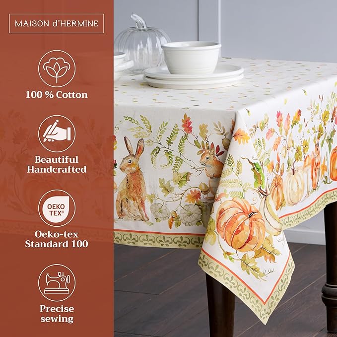 Maison d' Hermine Table Cloth Square Table 100% Cotton 60 x 60 Inches Fall Tablecloth Reusable Everyday Use for Thanksgiving Christmas Decorations Dining Farmhouse Party (Pumpkin Passion)