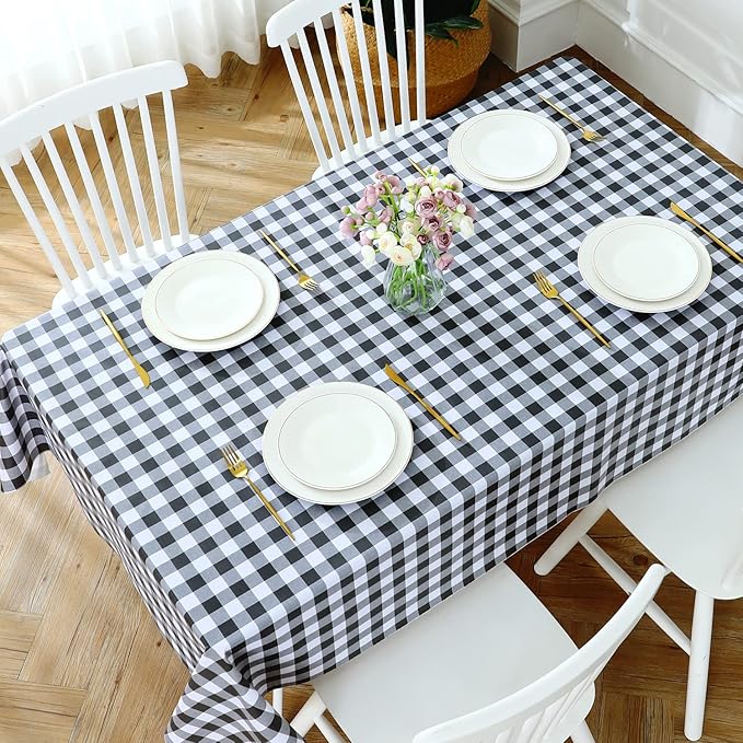 Romanstile Rectangle Vinyl Tablecloth, 100% Waterproof Buffalo Gingham Plastic Table Cloth, Heavy Duty Wipeable Checkered Table Covers for Outdoor, Camping, Picnic, Patio - 54 x 78, Black and White