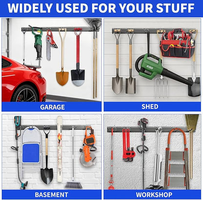 Tool Organizer Wall Mount, 32inch Heavy Duty Garden Tool organizer Storage System, Easy Install With 6 Adjustable Hooks, For Garage, Basement, Shed, Workshop(Black)
