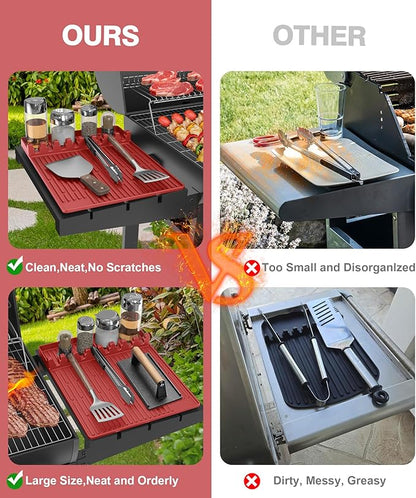 Silicone Griddle Tools Mat for Blackstone - Large Silicone Spatula Mat with Drip Pad - Griddle Mats BBQ Grill Accessories - Side Shelf Mats Grill Pad for Blackstone Griddles Accessories (red)