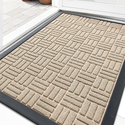 OLANLY Front Door Mat Outside Entrance 33x21, Absorbent, Heavy Duty Sturdy Natural Rubber Doormat Indoor Outdoor, Non-Slip, Stain and Fade Resistant, Low Profile Floor Mat for Entryway, Latte White
