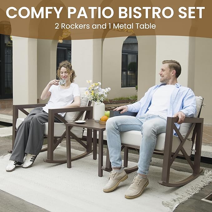 UDPATIO Rocking Chair Outdoor Oversized Metal Bistro Set 6.5" Cushion Beige | 3 - Image 3