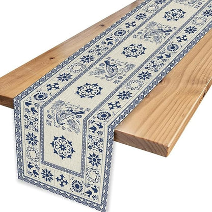 Mexican Table Runner, Blue Floral Birds Mexico Talavera Tiles Ceramic Dia De Los Muertos Coffee Table Center Decor for Family Kitchen and Dining Farmhouse Indoor Outdoor Table Decorations, 13"x90"