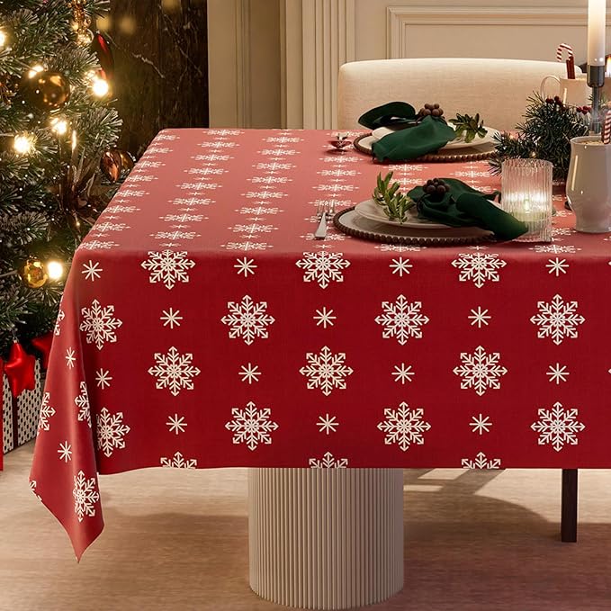 Christmas Red Tablecloth, Rectangle Table Cloh with Snowflake Decorations, Spillproof Cotton Linen Fabric Table Cover for Holiday, Winter, Party - 60''x120''