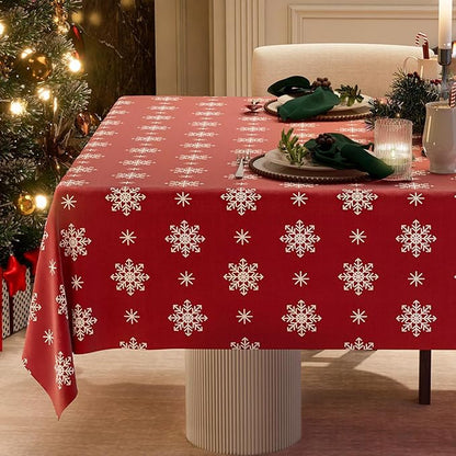 Christmas Red Tablecloth, Rectangle Table Cloh with Snowflake Decorations, Spillproof Cotton Linen Fabric Table Cover for Holiday, Winter, Party - 60''x120''