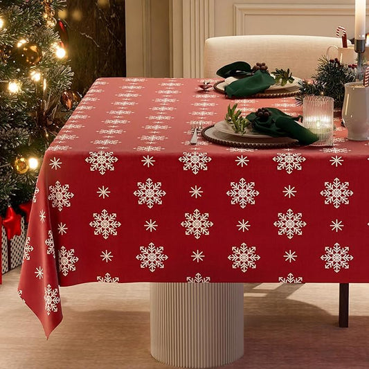 Christmas Red Tablecloth, Rectangle Table Cloh with Snowflake Decorations, Spillproof Cotton Linen Fabric Table Cover for Holiday, Winter, Party - 54''x72''