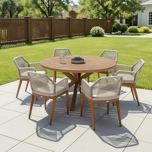 PURPLE LEAF 7 Pieces Patio Round Dining Set Aluminum Round Table and Rattan Arm Chairs with Cushions for Kitchen Porch Garden Modern Outdoor Furniture Sets