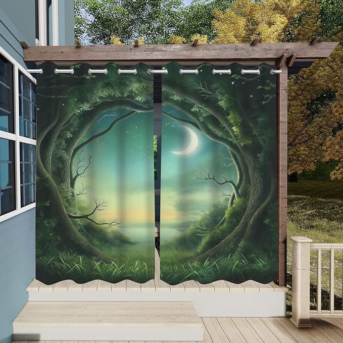 Forest Theme Outdoor Curtains for Patio Waterproof,Trees Moon Lake Pattern,Grommet Curtain for Bedroom, Porch, Living Room, Pergola, Cabana,Set of 2 Panels,54 x 108 inch,Green