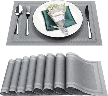 Placemats Set of 8,Washable,Heat and Stain Resistant Indoor/Outdoor Place mats,Vinyl Woven Non Slip Table Mats for Restaurant Table Protection,PVC Placemats(Gray,8PCS)