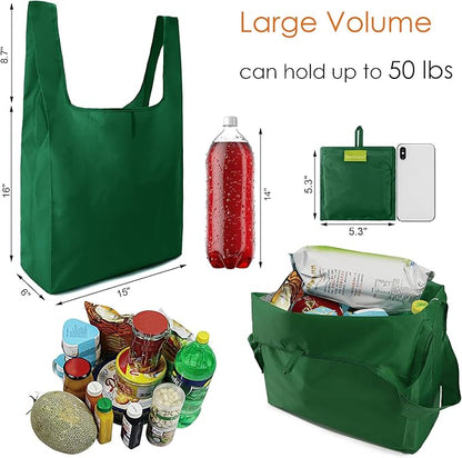 BeeGreen Christmas Green Reusable Grocery Bags Dark Green Reusable Kitchen Bags Bulk Foldable-Machine Washable with Zipper Storage Pouch 50 Packs
