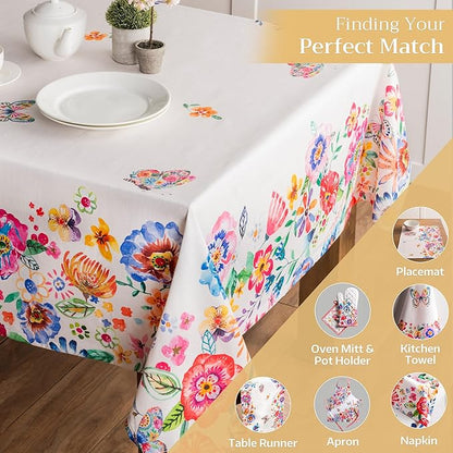 Maison d' Hermine Table Cloth Rectangle Table 100% Cotton 60 x 90 Inches Tablecloth Reusable for Dining Room, Farmhouse, Home, Party, Festive & Wedding Spring Summer - Happy Florals - High Summer