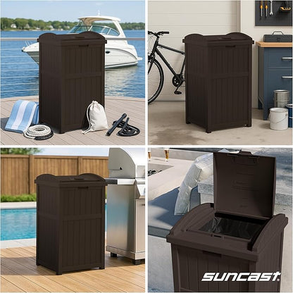 Suncast 33 Gallon Durable Plastic Hideaway Outdoor Garbage Can with Secure Lid and Wicker Design for Home Backyards, Decks, or Patios, Java Brown