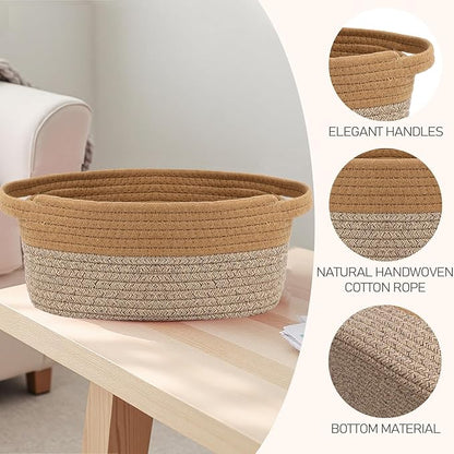 Woven Basket,Small Rope Storage Bin with Handles & Ribbon Bag, Organizer for Shelves Closets,Gift Basket Empty for Birthday,Books,Dog Toys, Jute&Brown/2 Pack