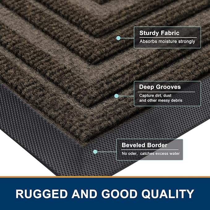Buganda Front Door Mat Indoor Outdoor Entrance, Non-Slip Natural Rubber Doormats, Easy Clean, Low Profile, Dirt Trapper Entryway Floor Mats for Outside, Garages and Patios, 47x24, Brown